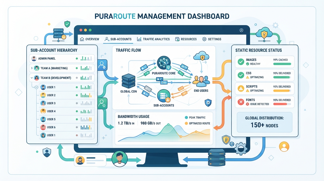 Managing sub-accounts, traffic, and static resource status in PuraRoute