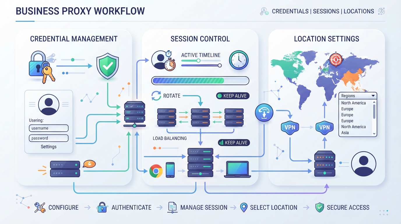Blog illustration for section "How to Manage Proxy Credentials, Sessions, and Location Settings in a Business Workflow"